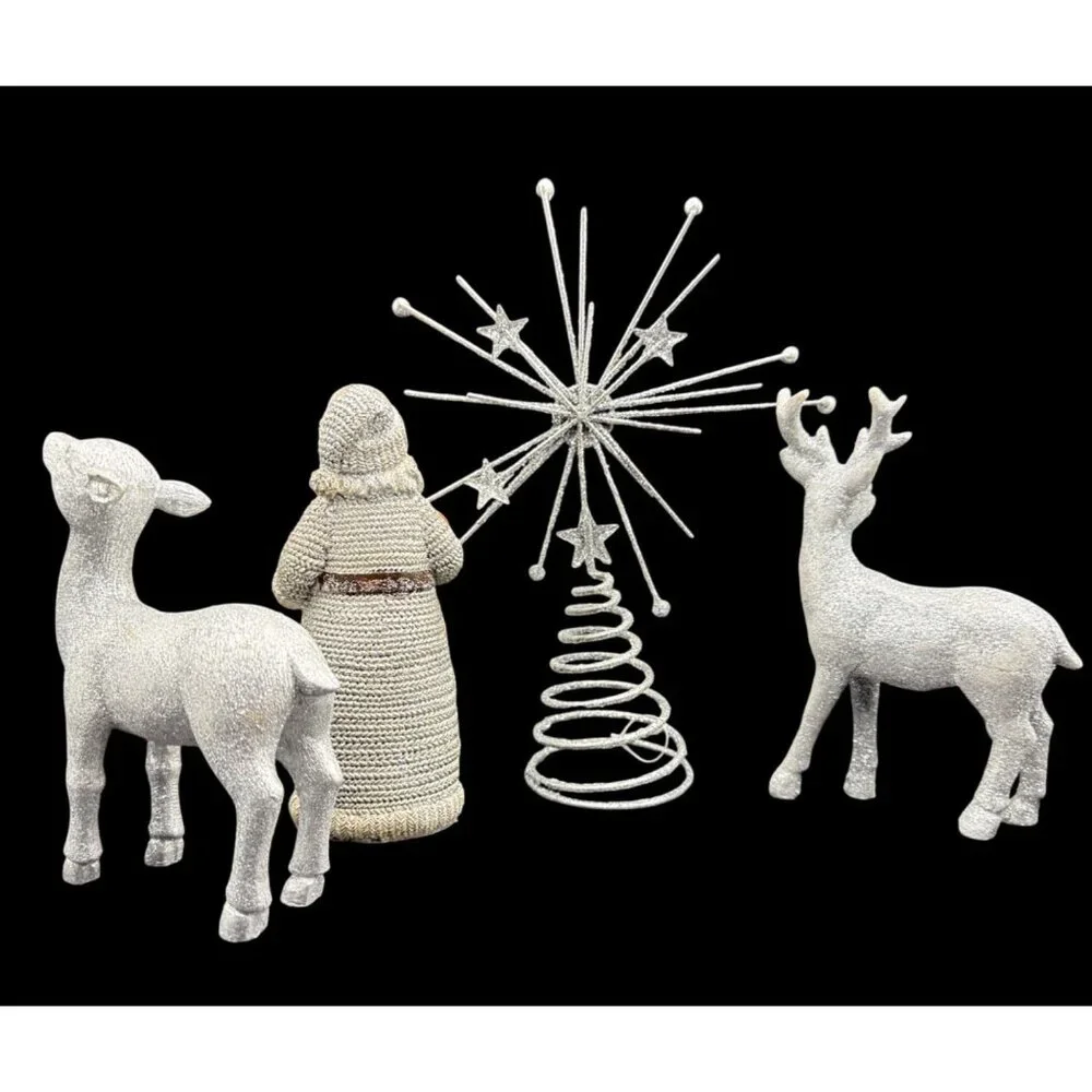 Vintage Glitter Silver Christmas Figurines Set w/ Santa, Reindeer, & Tree Topper - Picture 6 of 6